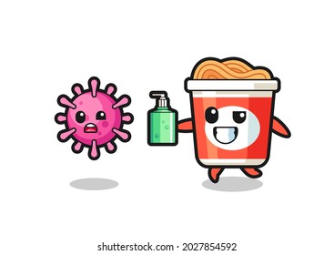 illustration of instant noodle character chasing evil virus with hand sanitizer , cute style design for t shirt, sticker, logo element