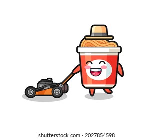 illustration of the instant noodle character using lawn mower , cute style design for t shirt, sticker, logo element