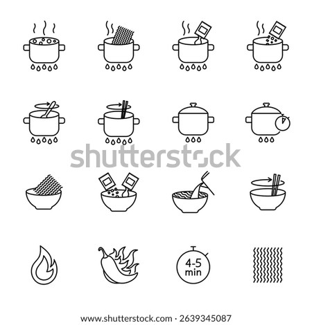 Illustration of Instant noodles preparing steps, guide, instruction. Chinese noodles icons set linear style