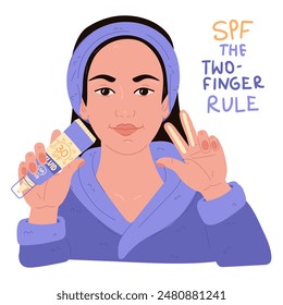 Una ilustración de las instrucciones sobre cómo aplicar protector solar en la cara. Aplique la crema con protección SPF en dos dedos con la cara plana hacia arriba. La regla es aplicar a una chica con una túnica morada