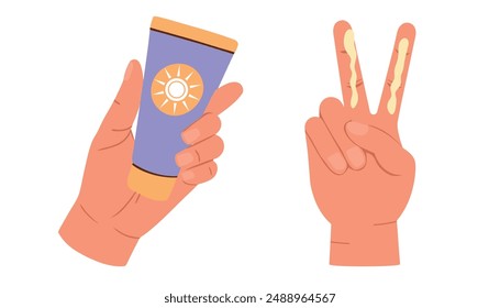 Illustration of instructions on how to apply sunscreen on the face. Hand with SPF cream on two fingers in a flat style.