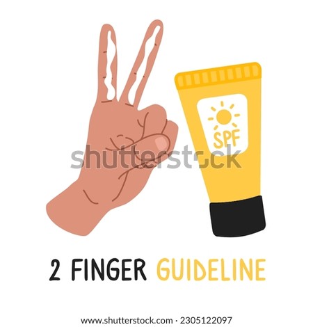 Illustration of instructions on how to apply sunscreen on the face. Hand with SPF cream on two fingers in a flat style.