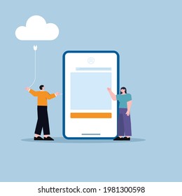 illustration of integrated data to the cloud media server. someone is presenting an uiux application.