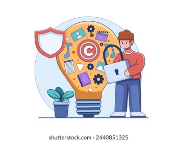 Illustration of intellectual property protection featuring various creative works housed within a lightbulb symbolizing innovation and ideas, and a person holding a big padlock symbolizing protection