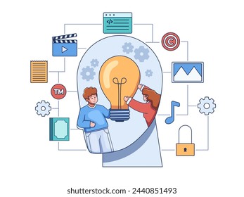 Illustration of intellectual property and trademarks with a team holding a big lightbulb inside a large head. Team working Creative Idea.