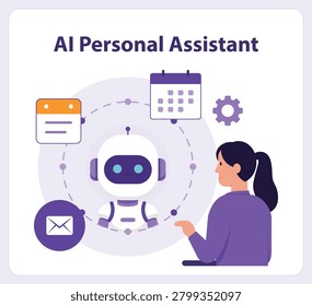 Illustration of an intelligent personal assistant helping users manage tasks, reminders, and events through automated organizational tools.