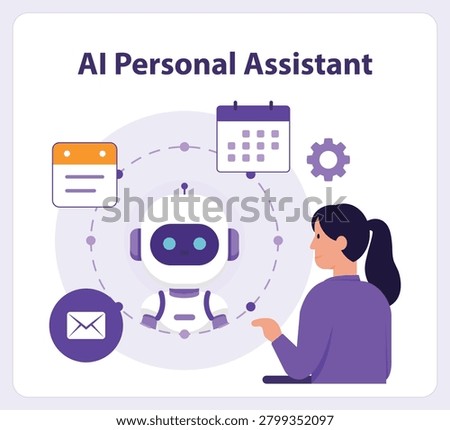 Illustration of an intelligent personal assistant helping users manage tasks, reminders, and events through automated organizational tools.