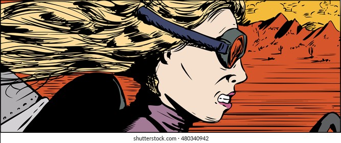 Illustration of intense woman in goggles racing her car in desert