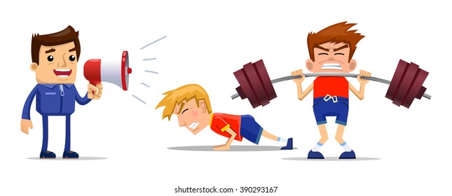 Illustration of intensive physical training course. Physical education lesson, exercise, weight loss workout, training with instructor, healthy lifestyle. Simple style vector illustration