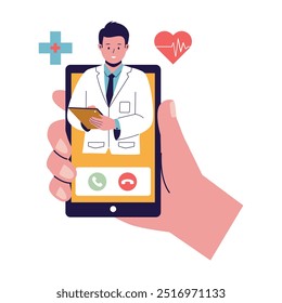 Una ilustración de un médico interactivo en una telemedicina, interactuando con los pacientes a través de un teléfono inteligente.