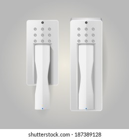 Illustration of intercoms. Two white intercoms with blue indicator light. Isolated vector illustration on white.