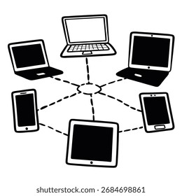 Illustration of interconnected devices including laptops, tablets, and smartphones, symbolizing digital communication and networking