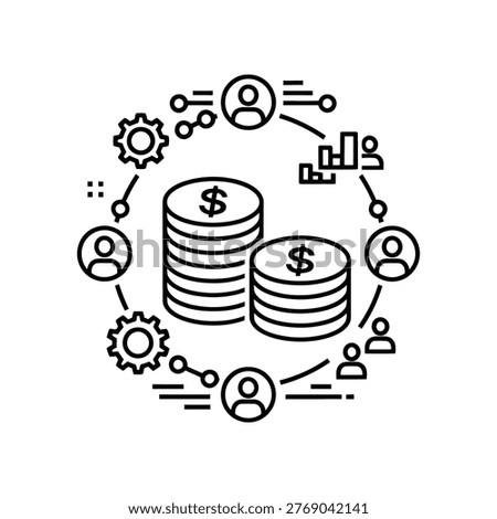 Illustration of interconnected financial elements with gears, people icons, and currency symbols.