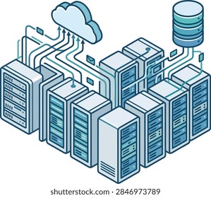 Illustration of interconnected servers linked to cloud and database storage units