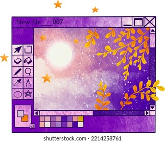 Illustration Interface Retro Pixels Print Window Editor Graphic Drawing Online Photoshop Paint Sun And Sky Branches With Leaves Digital