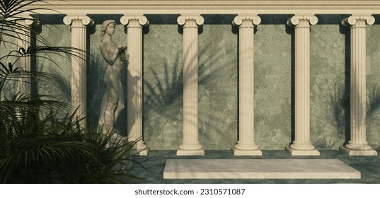 illustration of interior with ancient statues and columns. Background for product presentation, muse shadow inspiration, 3d rendering for product presentation