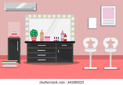 Illustration interior beauty salon or make-up room for several people on a pink background with a make-up table, chairs, lamps, a large mirror, and other objects in flat style