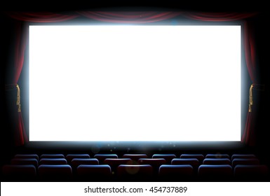 An Illustration Of The Interior Of A Cinema Movie Theatre With Copyspace On The  Screen With Red Curtains