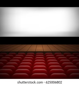 illustration of the interior of a cinema movie theatre with rows of seats, wooden scene and copyspace on the screen