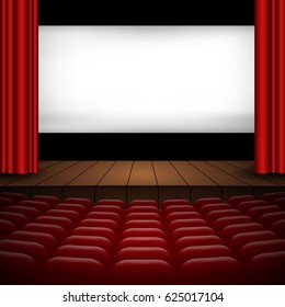 illustration of the interior of a cinema movie theatre with curtains, rows of seats, wooden scene and copyspace on the screen