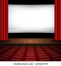 illustration of the interior of a cinema movie theatre with red curtains, rows of seats, wooden scene and copyspace on the screen