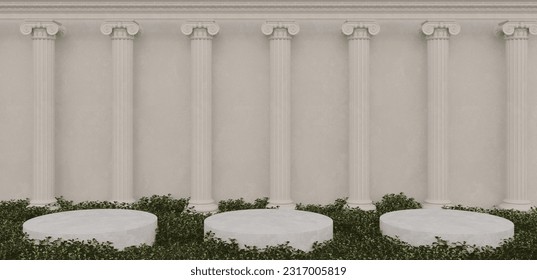 illustration of interior with columns grass fllor plants. leaves Background for product presentation, muse shadow inspiration, 3d rendering for product presentation