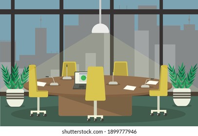 illustration of the interior of the conference room or office in front of a window overlooking a city with a large round table with microphones, laptop and office chairs the background of night city
