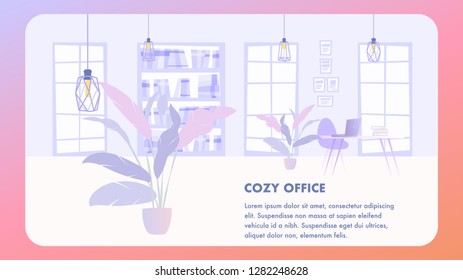Illustration Interior Cozy Office Business Company. Banner Vector Image Workspace. Modern Style Office Interior. Large Window, Desktop with Laptop, Rack with Document Folders, Hanging Metal Lamp