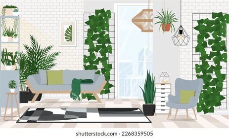 Illustration Interior design bright living room with sofa, armchair and green plants.