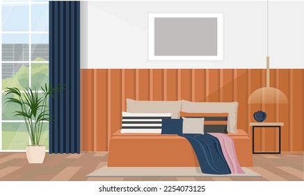 Illustration interior design of elegant bedroom with big orange bed, blue curtain, rug, modern lamp, night stand. 