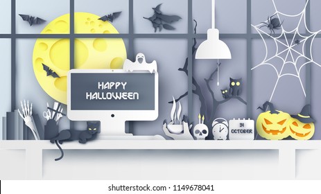 Illustration of Interior design for workplace on Halloween. Decorate the office desk in Halloween. Working on halloween. paper cut and craft style. vector, illustration.