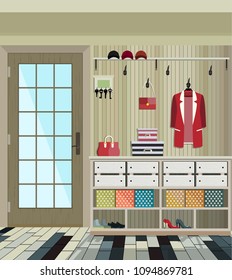 Illustration of an interior of a dressing room with clothes and an entrance door.