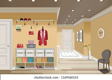 Illustration of an interior of a dressing room with clothes and an entrance door.