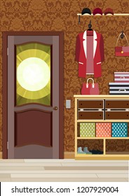 Illustration of an interior of a dressing room with clothes and an entrance door. Design of modern dressing room.