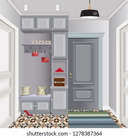 Illustration of an interior of a dressing room with clothes and an entrance door.