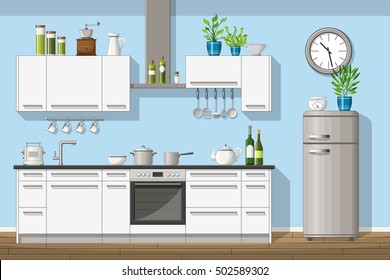 Ilustración del equipamiento interior de una cocina moderna