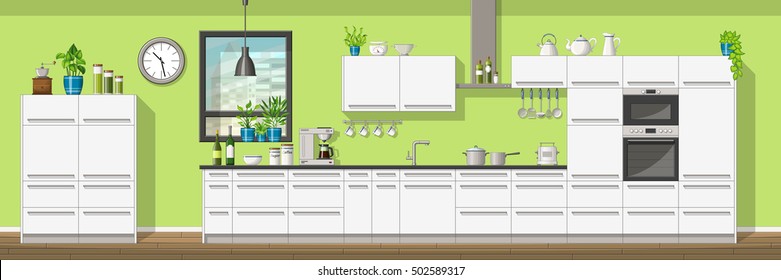 Illustration of interior equipment of a modern kitchen, panorama