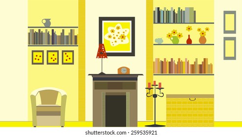 illustration of the interior with fireplace