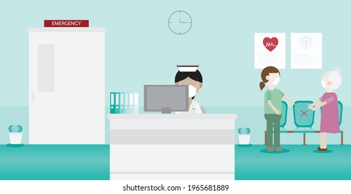 illustration of the interior of a hospital  , Emergency room  in a hospital or clinic, nurse working in front of emegency room and two patient stand nearing nurse station with a new normal.
