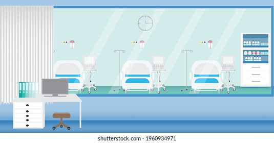 
illustration of the interior of a hospital , medical office , Patient room , Intensive care unit in a hospital or clinic.
