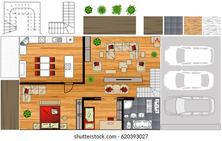 Ilustração de ícones interiores vista superior, design de interiores de móveis, vetor