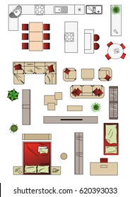 Illustration of interior icons top view, furniture interior design, vector isolated on white background