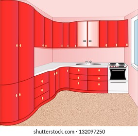 illustration of the interior of the kitchen red
