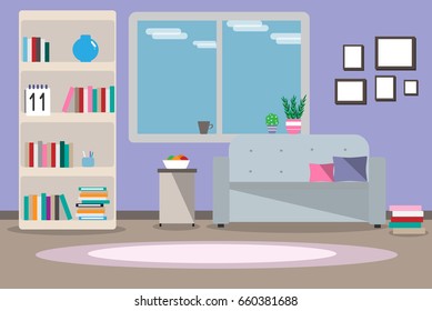 Illustration interior living room with furniture, window, sofa, wardrobe, books, shelves, carpet, flat style against a blue wall background