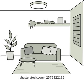 Illustration of interior of living room with sofa