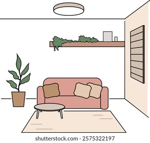 Illustration of interior of living room with sofa