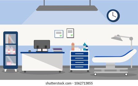 illustration of the interior of a medical office in a hospital or clinic, in a flat style. The doctor's office with a desk, medical armchair, shelf, furniture, medical lamp and other medical equipment