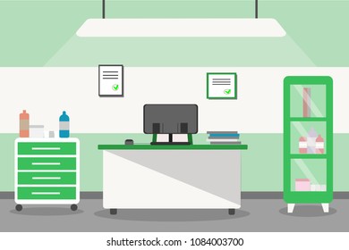 illustration of the interior of a medical office in a hospital or clinic, in a flat style. The doctor's office with a desk, shelf, furniture, medical lamp and other medical equipment 