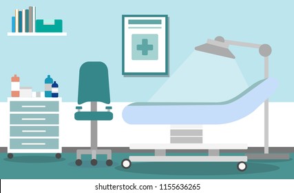 illustration of the interior of a medical office or the observation of the doctor in a hospital or clinic, in a flat style. The doctor's office room with a desk, medical armchair, shelf, furniture.