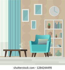 Illustration of interior of a modern living room including armchair table shelf 